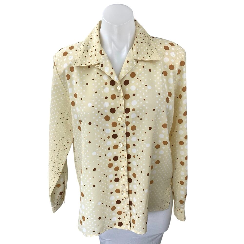 Voir Collection Cream Polka Dot Long Sleeve Button Down Shirt Blosue Top Size M